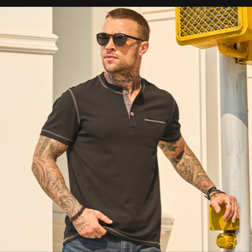 Mens Henley Shirts Casual Waffle Stretch Summer T-Shirt with Pocket NWT Size 2XL